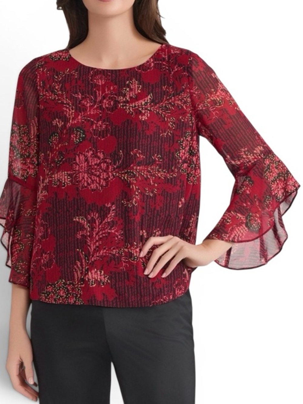 KASPER Women's Printed 3/4 Ruffle-Sleeve Blouse - Red & Black Multi Color Size S